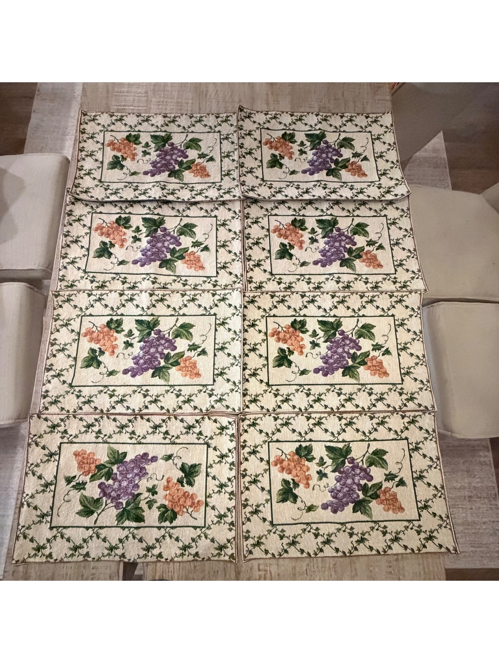 Set of 8 Grape Vineyard Tapestry Placemats 19x12 Green Purple Peach Wine Decor